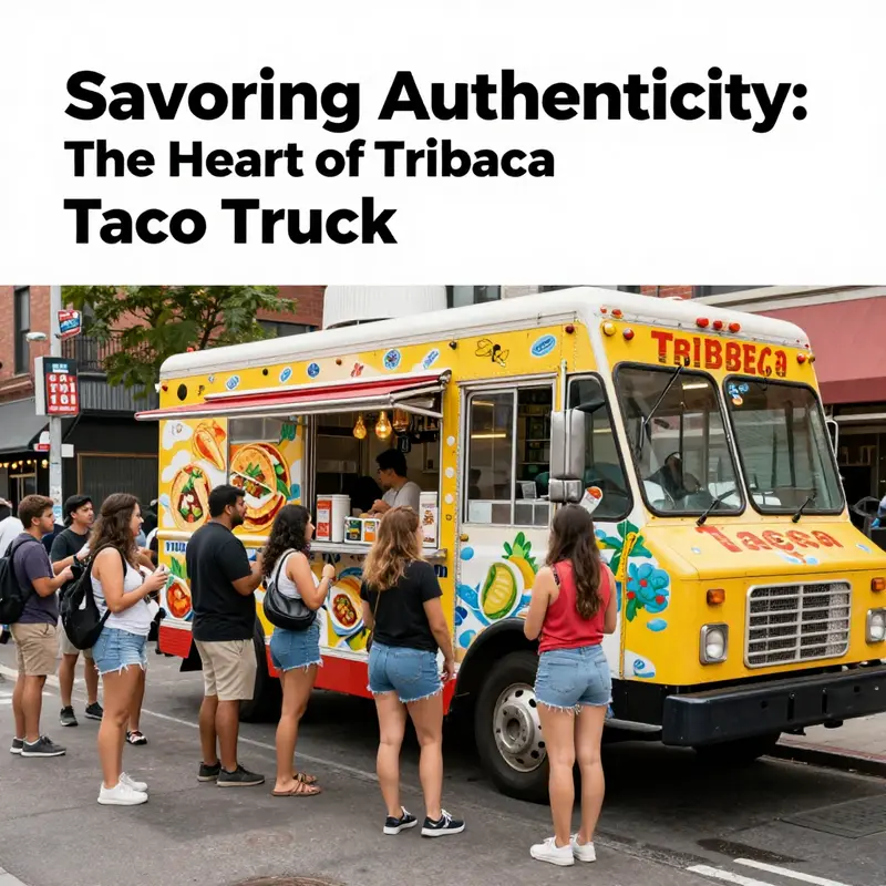 A vivid scene of the Tribeca Taco Truck with customers enjoying their meals in a lively New York City setting.