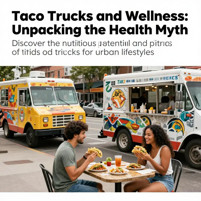 A vibrant urban street scene featuring various taco trucks and customers savoring their tacos.