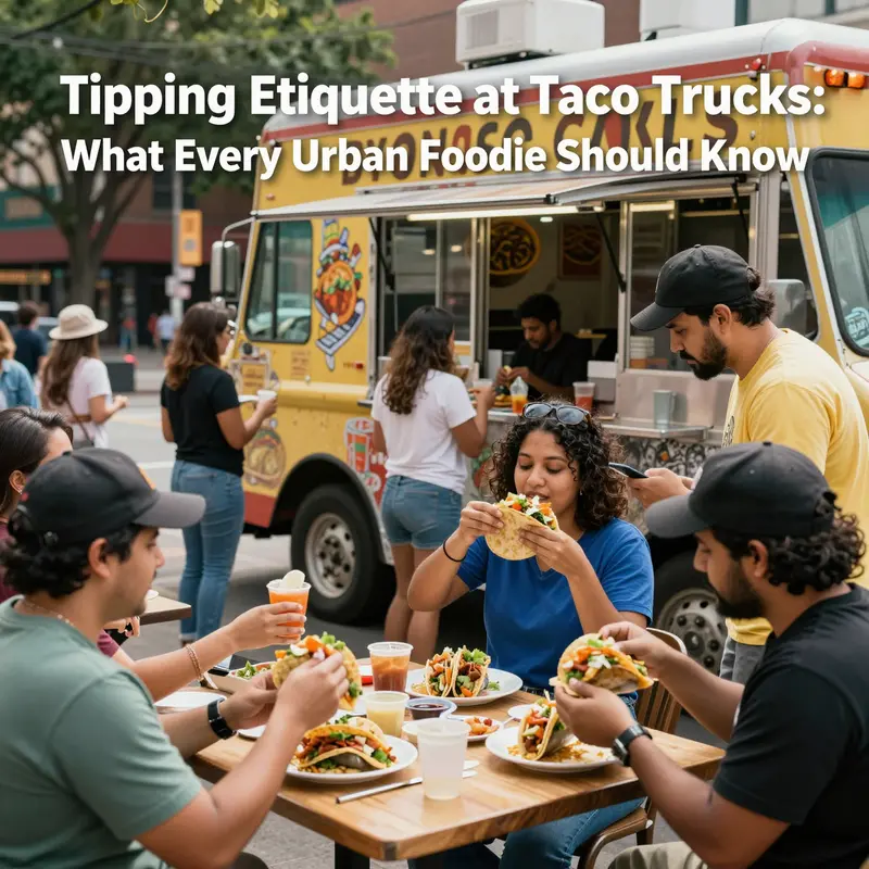 A busy street town setting featuring a taco truck with customers ordering and enjoying their meals.