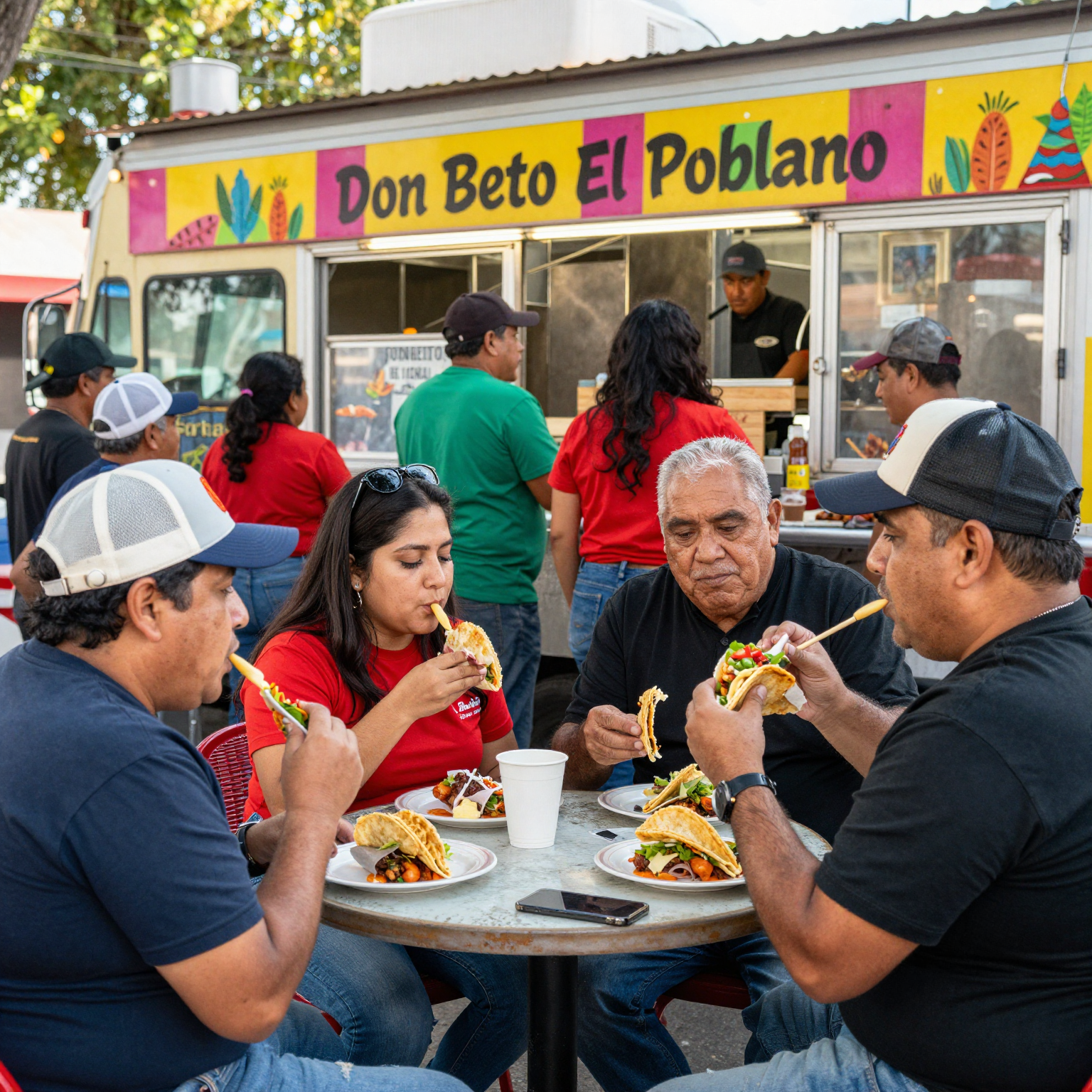 A vibrant scene of a crowded taco truck with people enjoying food around Don Beto El Poblano truck