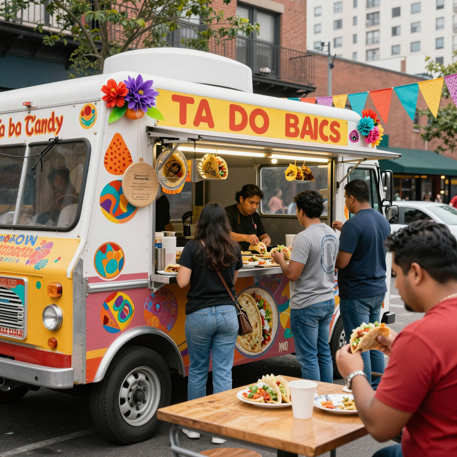 A vibrant taco truck in an urban street setting