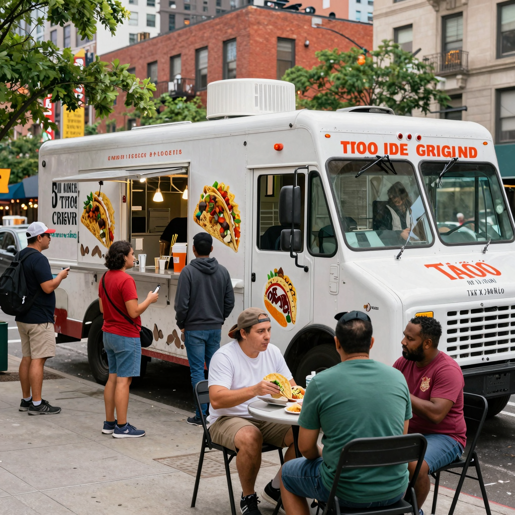 A vibrant taco truck scene