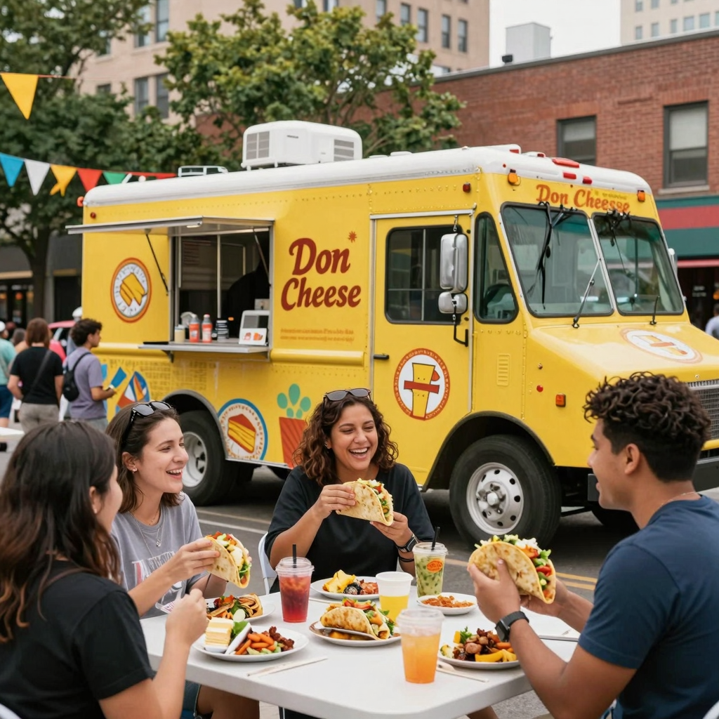 A vibrant scene of the Don Cheese Taco food truck in an urban setting with happy customers enjoying their meals.