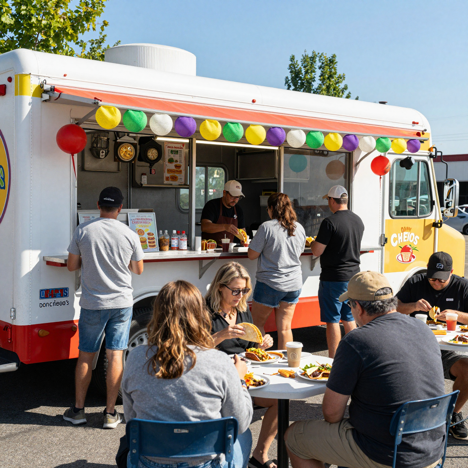 A bustling taco truck scene at Don Cheo's in Yakima, showcasing colorful decorations and people enjoying tacos in a sunny outdoor setting.
