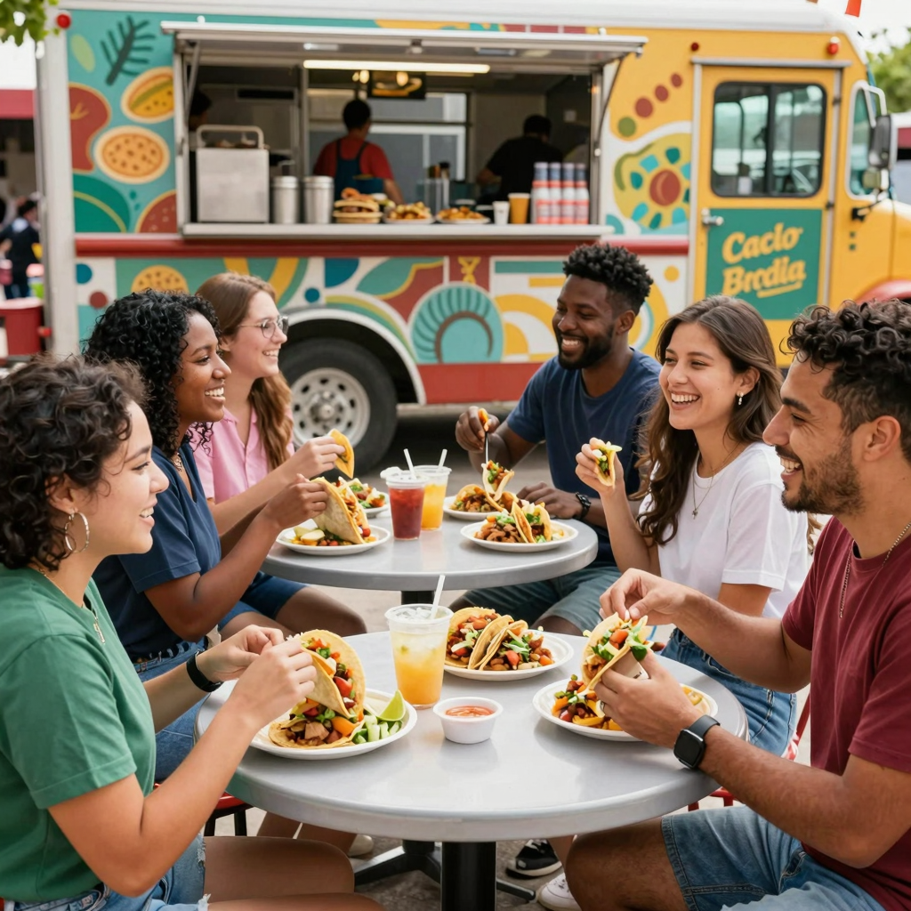 Happy diners enjoying food from a taco truck