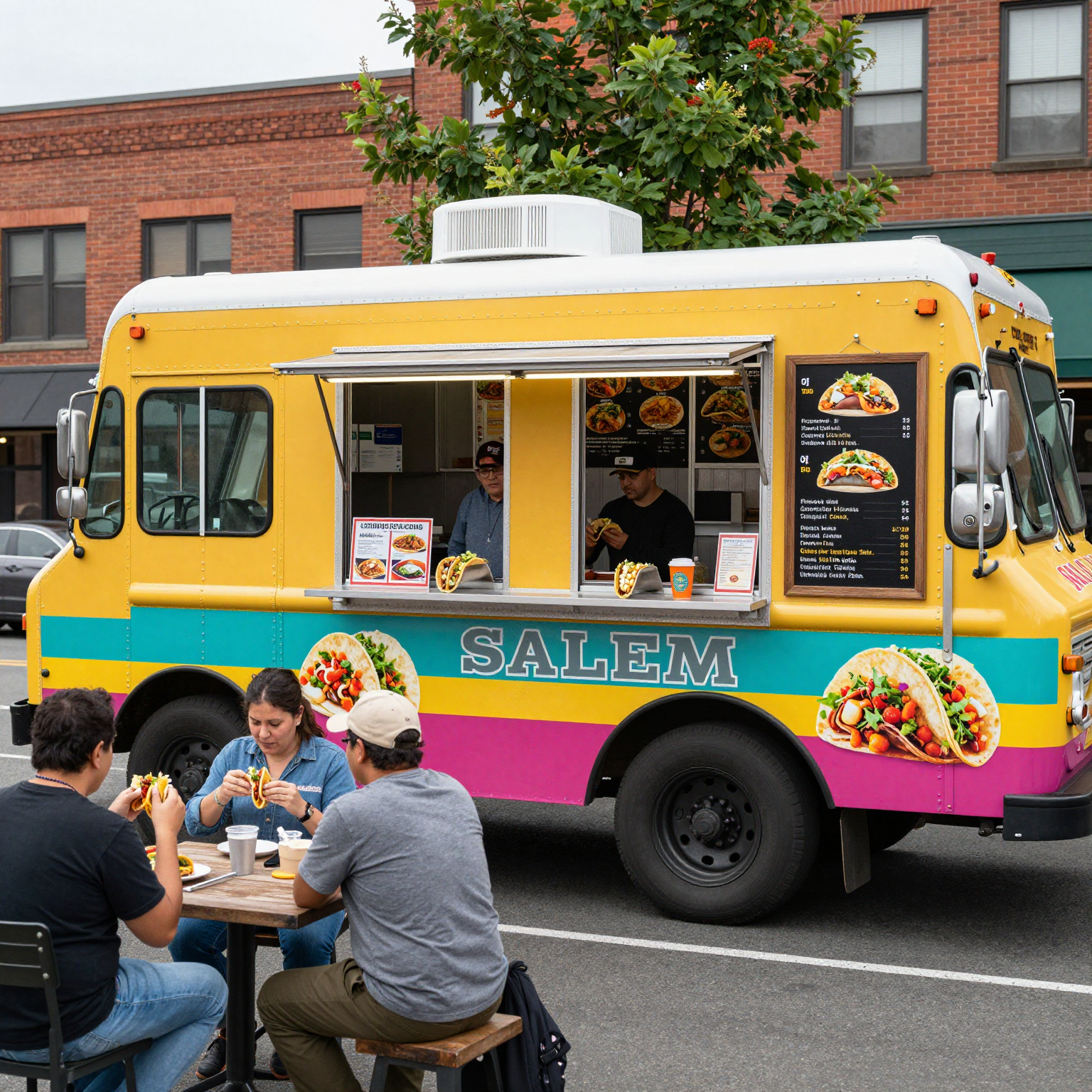 A colorful and vibrant taco truck in Salem, Oregon, parked at a busy urban street