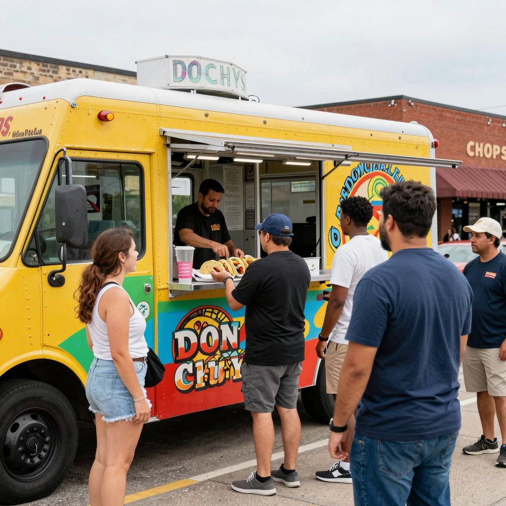 A vibrant street scene featuring Don Chuy's taco truck, with colorful graphics and tacos being served to excited customers.
