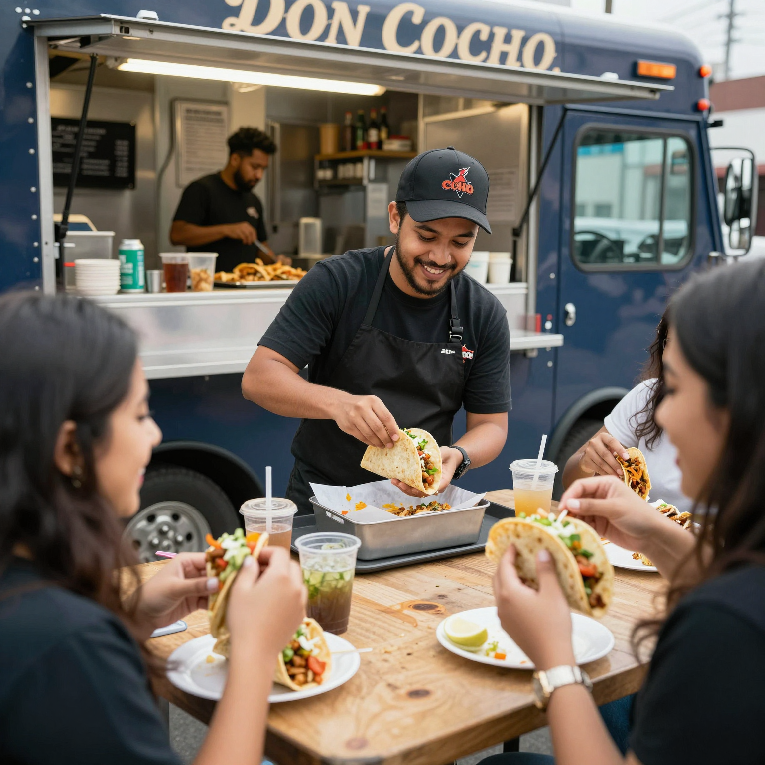 Don Cocho Taco food truck scene with happy customers enjoying tacos