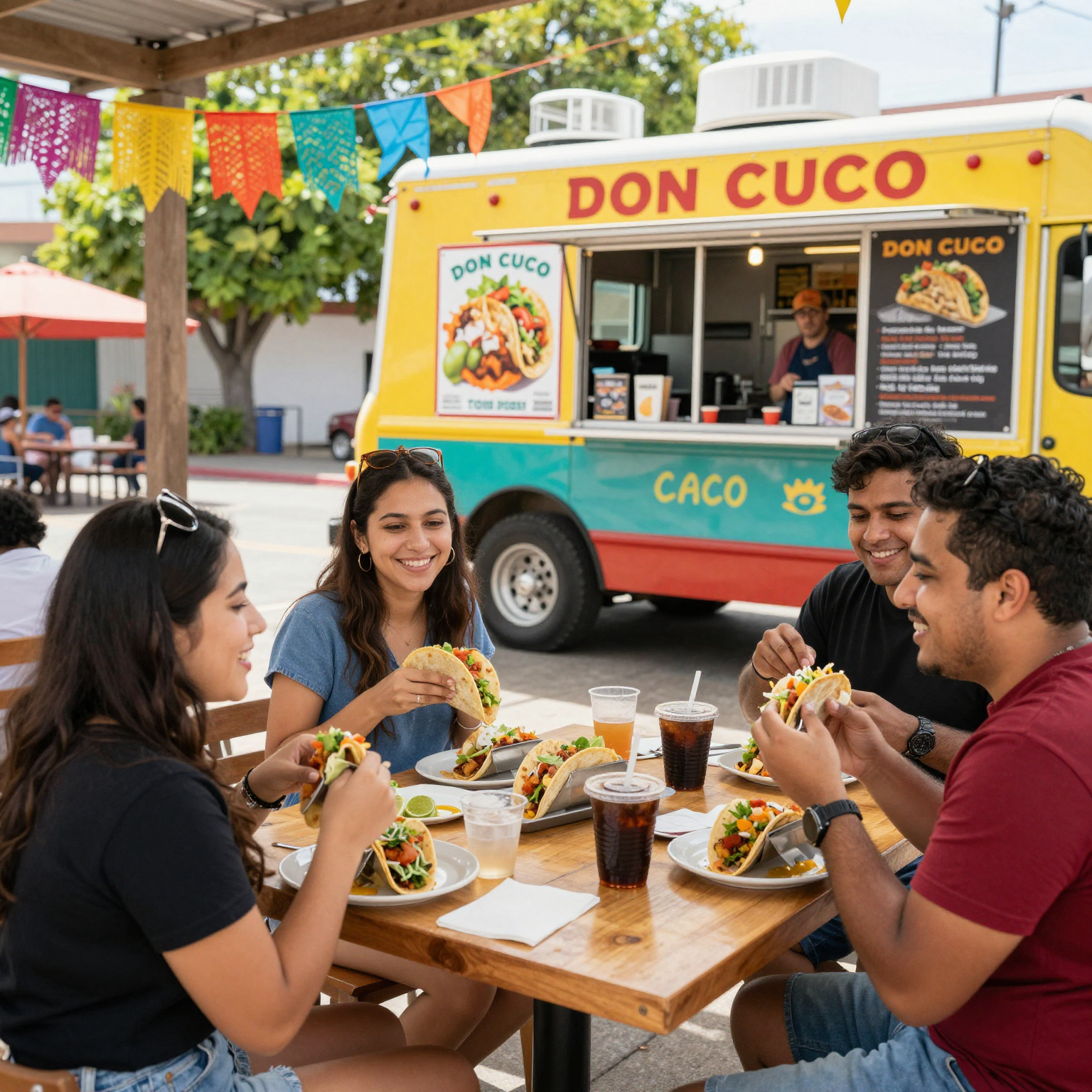 Customers enjoying food at Don Cuco Taco Truck