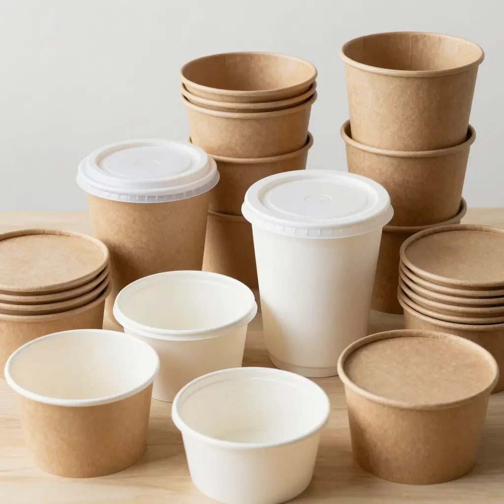 A colorful array of various disposable soup bowls made from different materials including bagasse, kraft paper, and plastic. The image shows various sizes suitable for different applications.