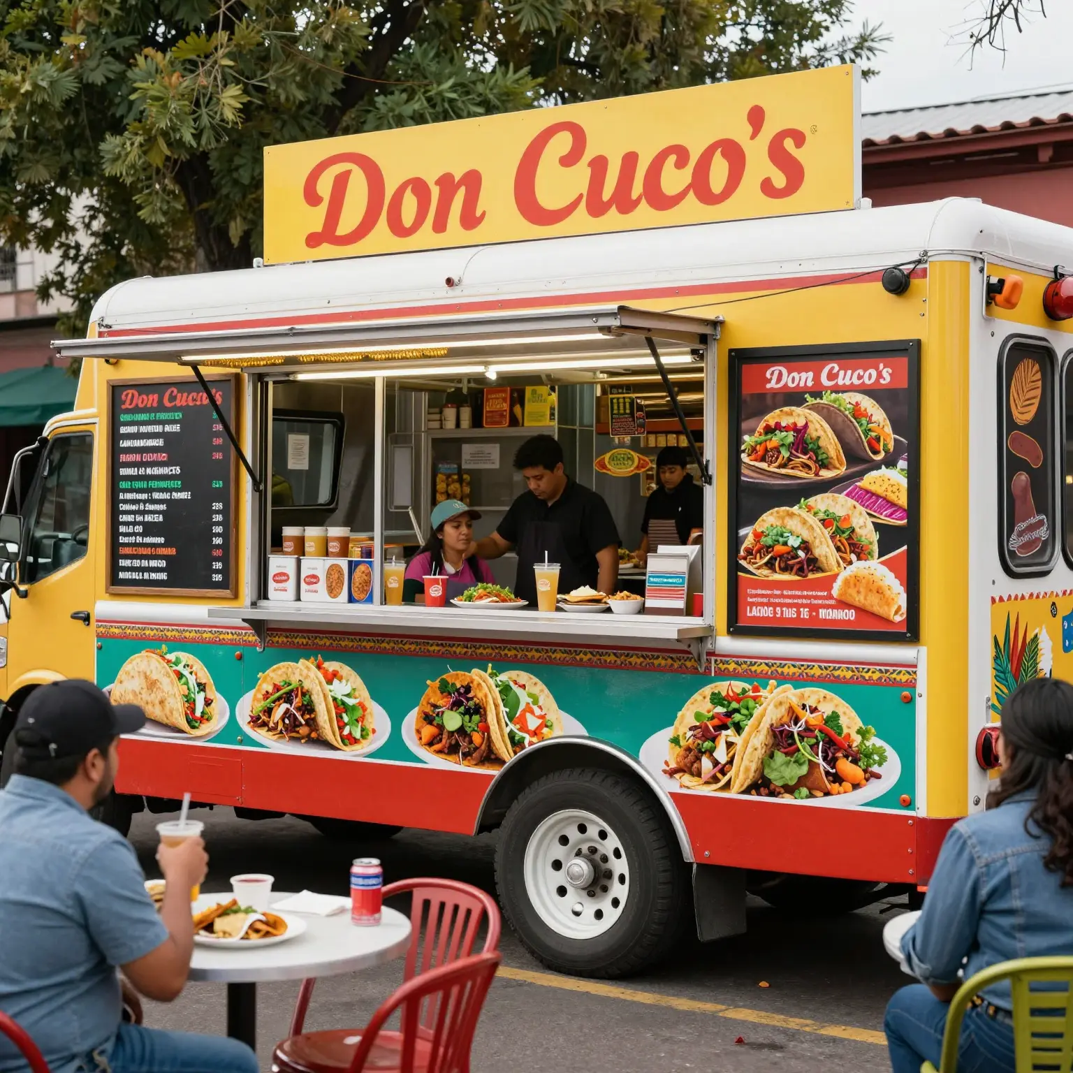 A vibrant taco truck similar to Don Cuco's, showcasing an authentic Mexican street food atmosphere.