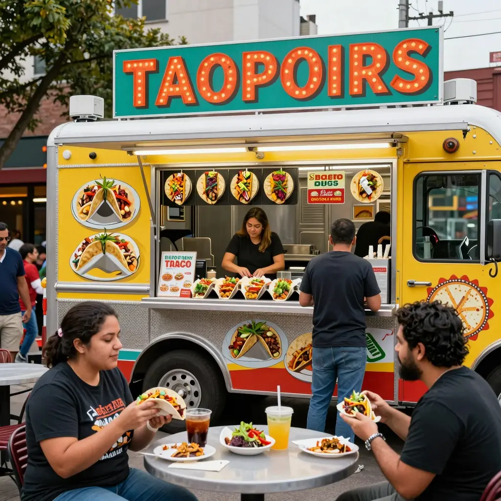 A lively taco truck in an urban setting