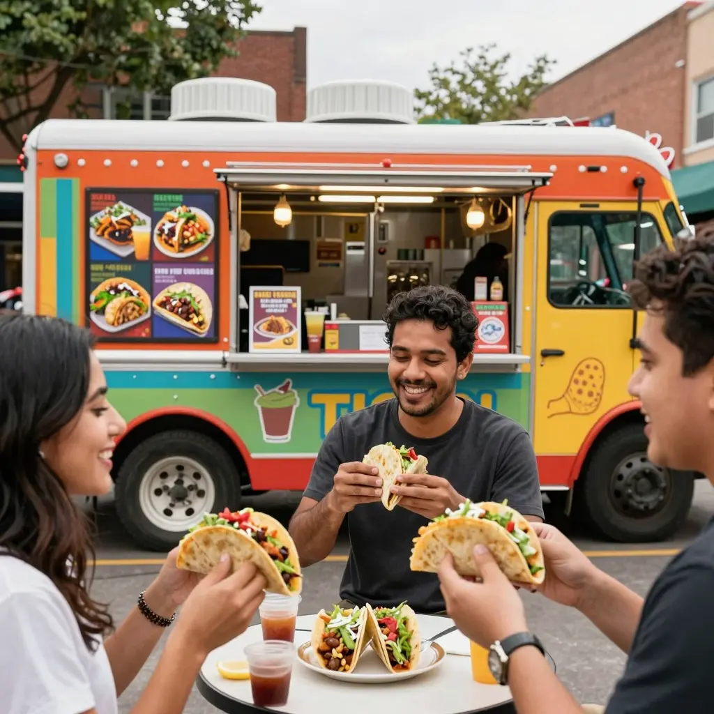 A colorful taco truck set in an urban environment
