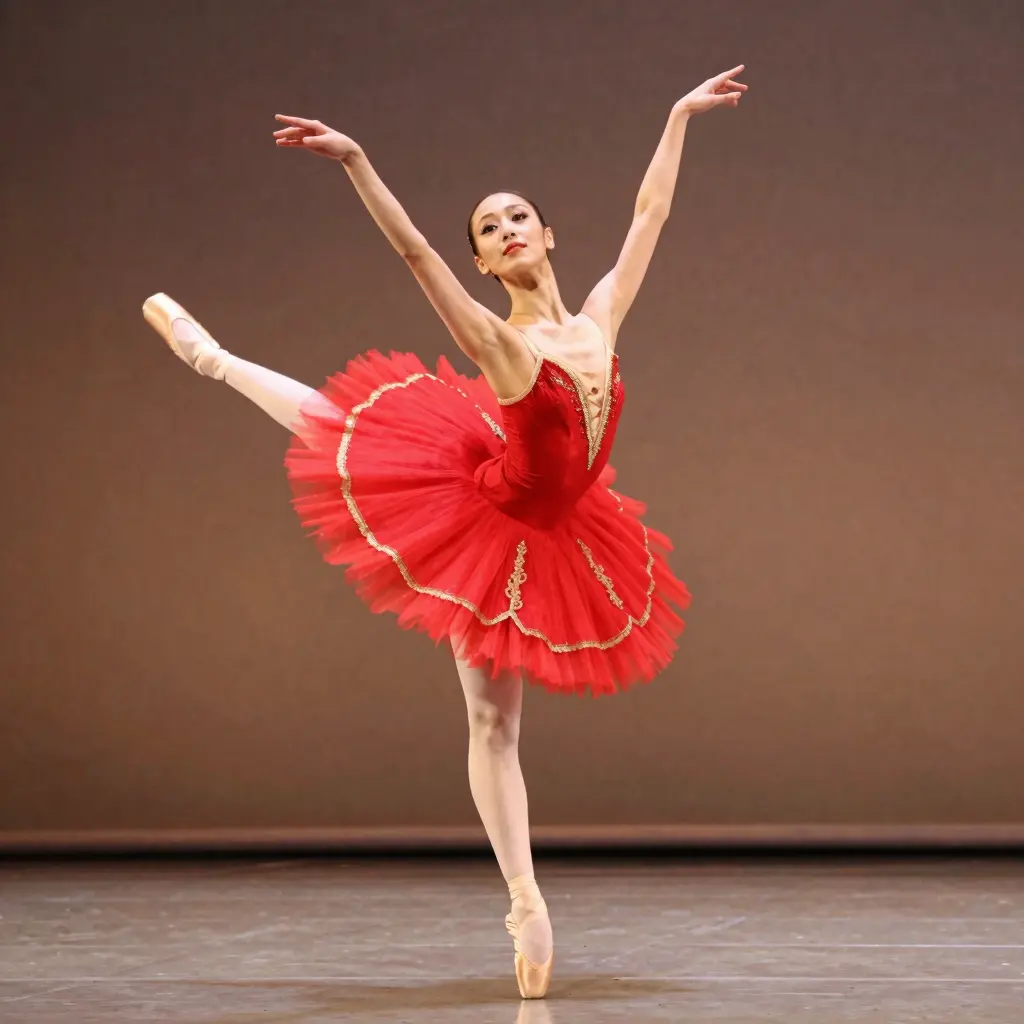 A ballet dancer in a red tutu performing gracefully on stage.