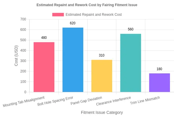 Bar chart comparing estimated repaint and rework costs by fairing fitment issue category