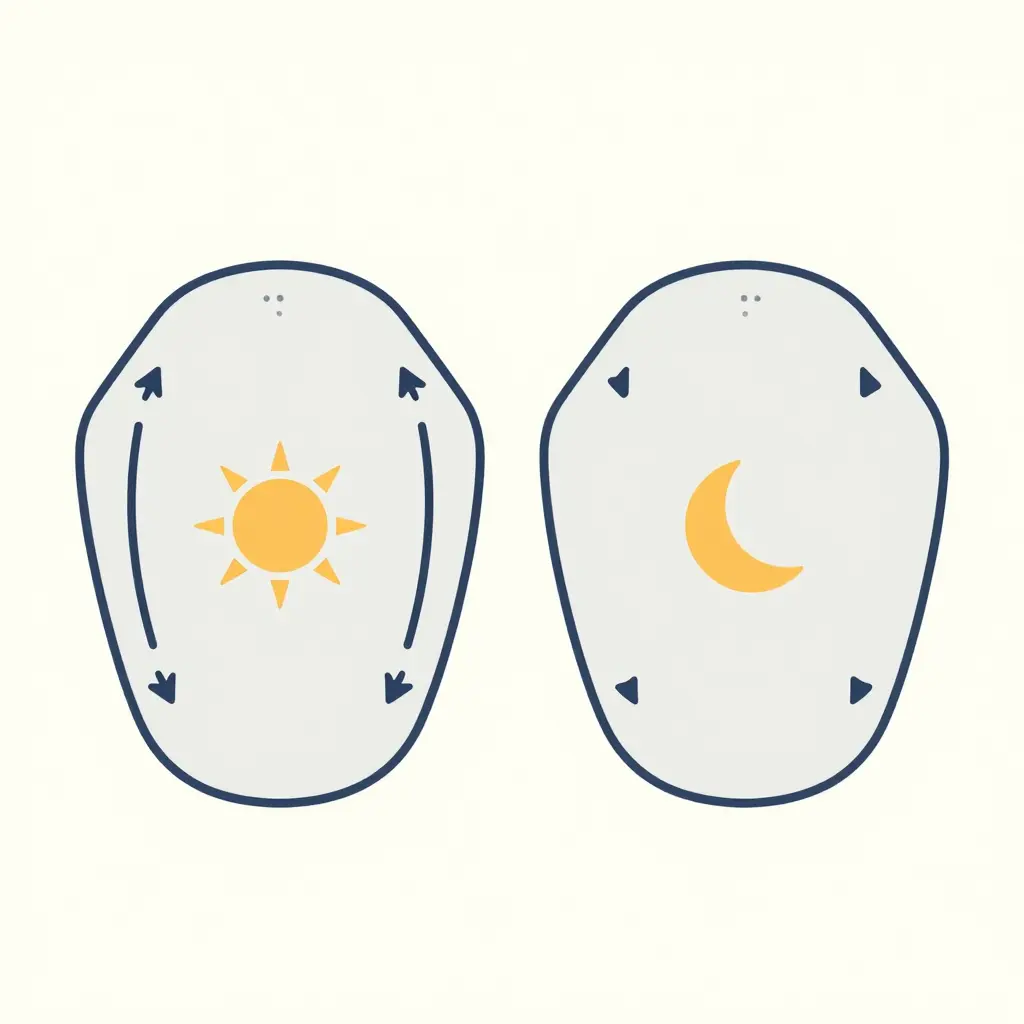 Schematic two-panel diagram of a motorcycle fairing panel expanding on the left under a sun symbol and contracting on the right under a crescent moon, with outward and inward arrows along the edges and small stress-concentration dots at the corner mounting points.