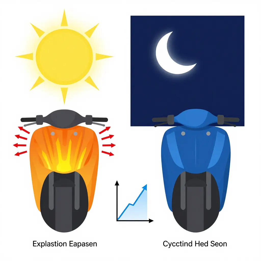Diagram showing a motorcycle fairing expanding outward in sunlight and contracting inward at night, with a temperature graph in the center.