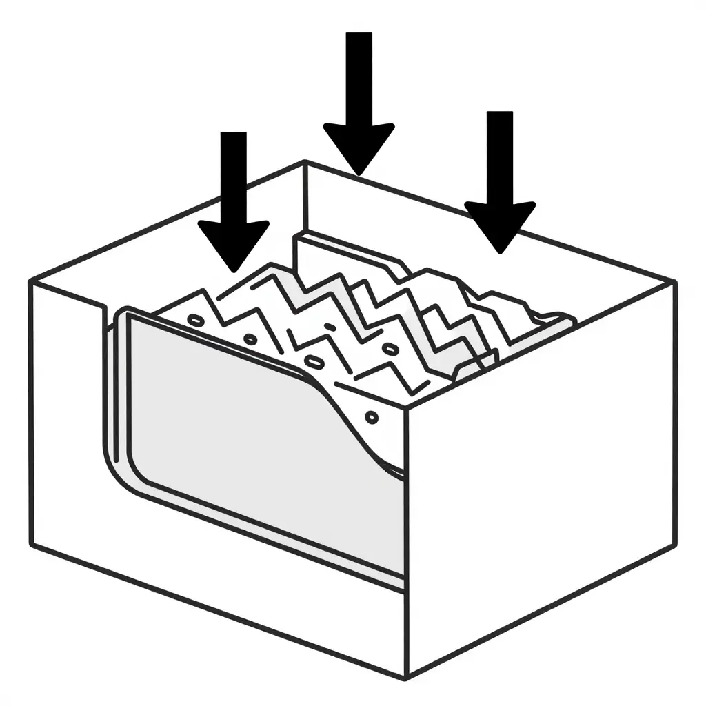 2D line-art schematic of the fairing kit packaging load path, showing stacking and impact forces traveling from the outer shipping carton through internal padding layers into the fairing panel and its mounting tabs