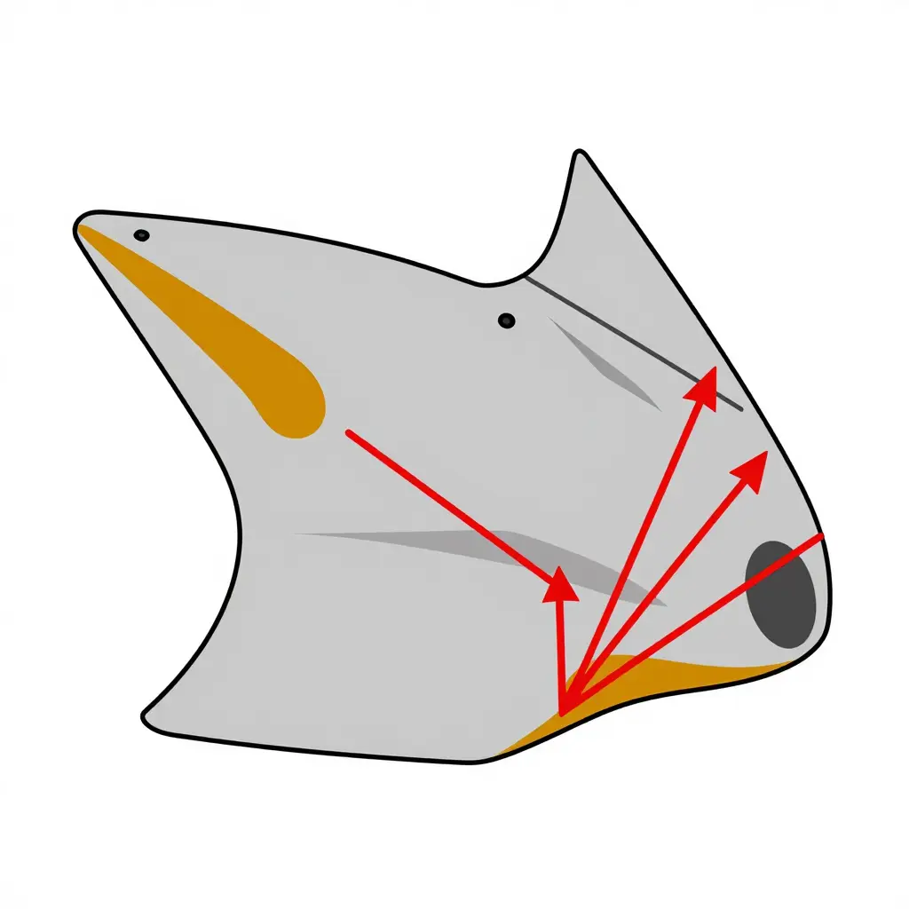 2D schematic side profile of a motorcycle fairing panel showing mounting tabs highlighted, with red arrows converging at the tab roots to indicate stress concentration where bending and crush forces peak during shipping.