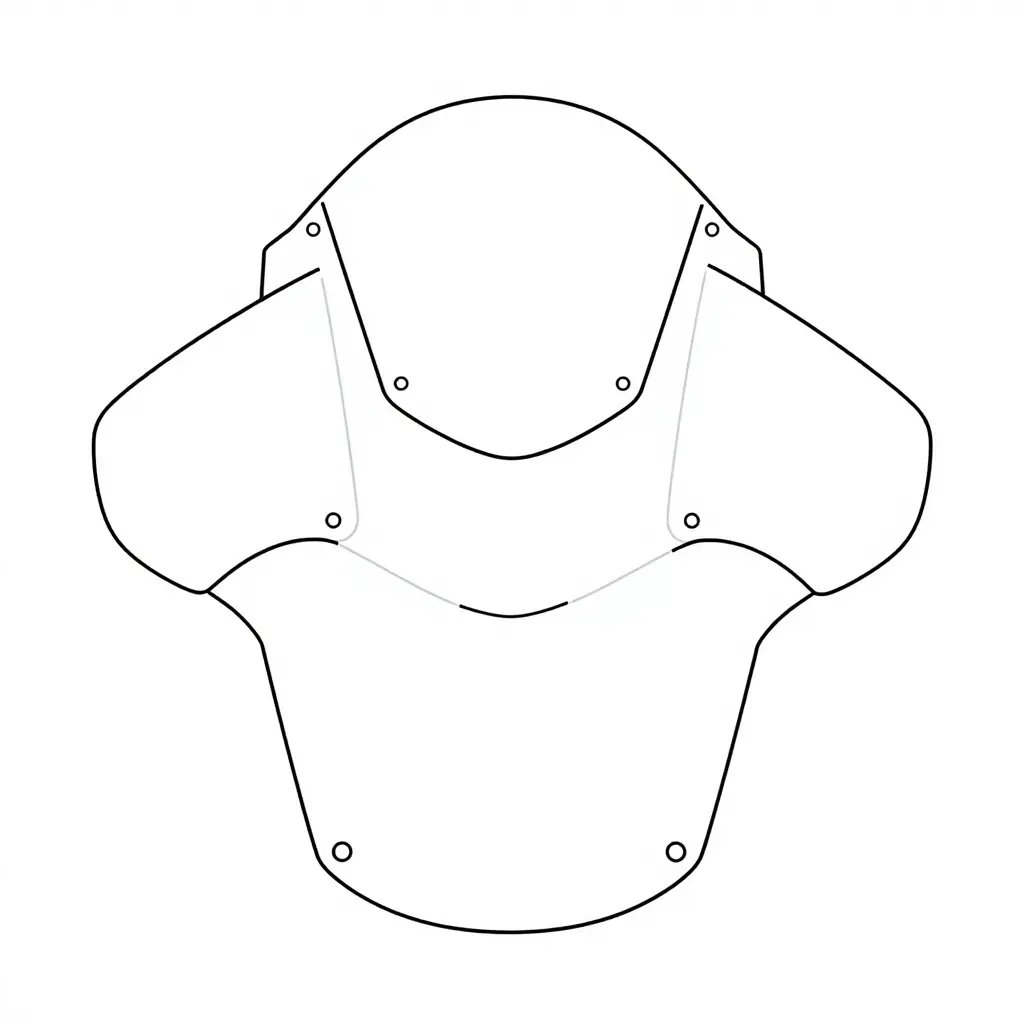 Schematic diagram of fairing mounting points, tabs, and bolt holes on an older-model motorcycle upper and side fairing