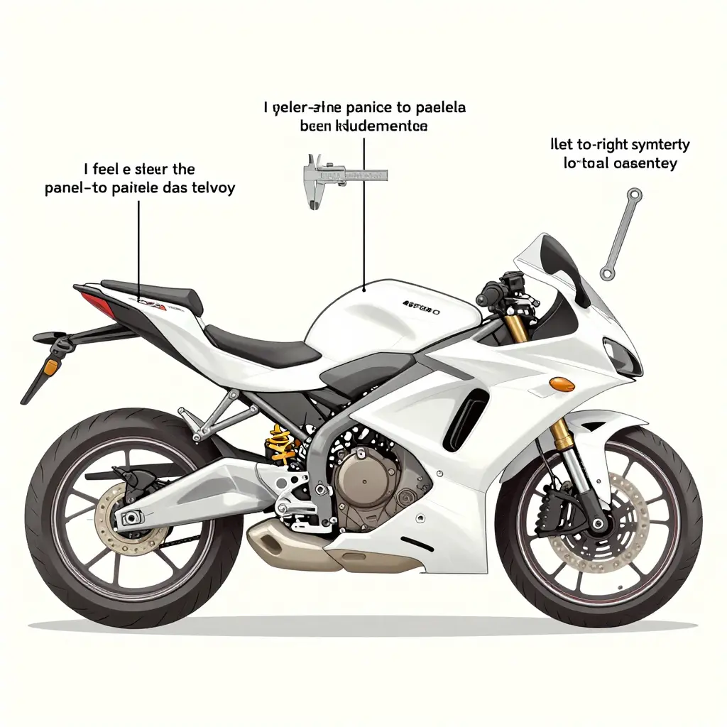 Dry test-fit of a full fairing kit showing feeler-gauge gap measurement, left-right symmetry check, and bolt-hole alignment callouts