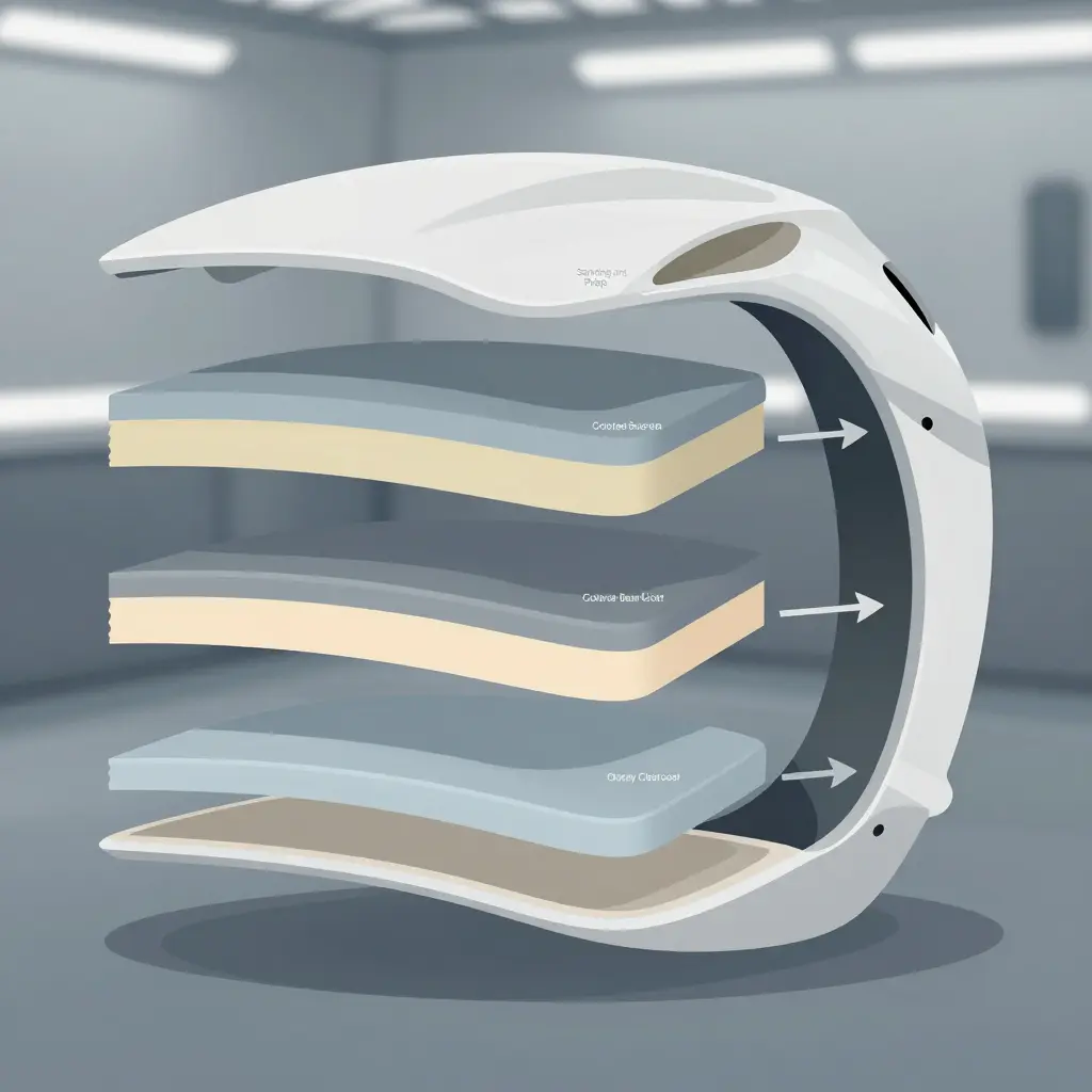 Cross-section diagram of motorcycle fairing paint layers: sanding, primer build-up, base coat, and clearcoat