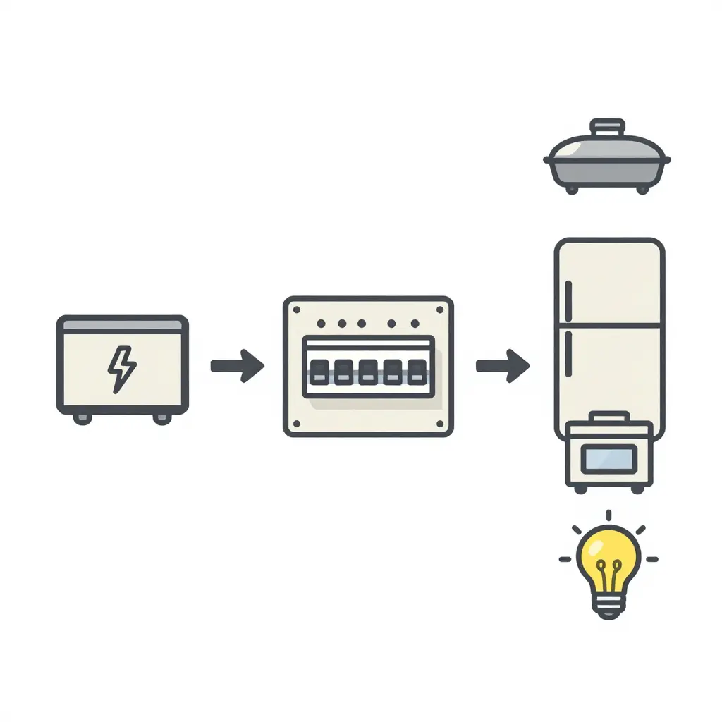 Schematic showing power flow from a food truck generator through a breaker panel to a griddle, refrigerator, fryer, and lights