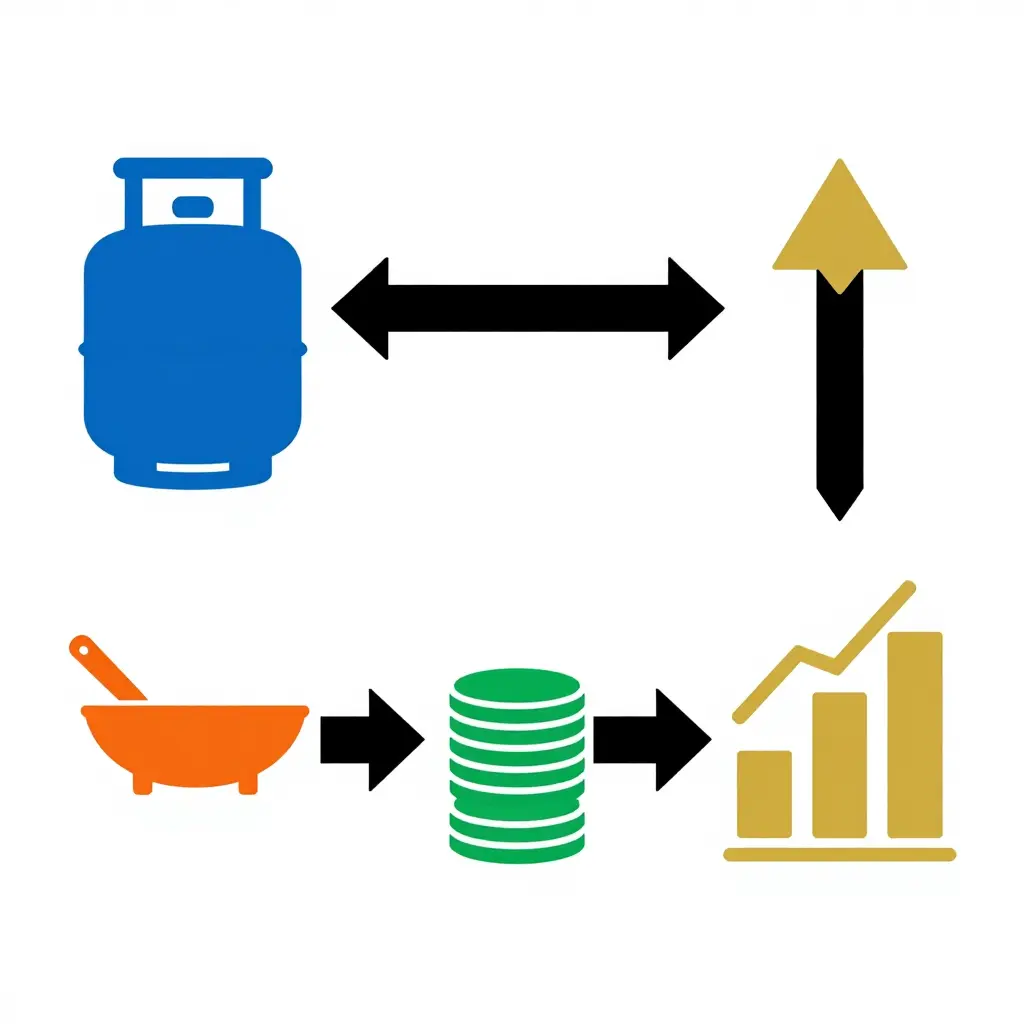 A flat two-dimensional flow diagram illustrating how propane cost moves through a taco truck's daily operations, with a propane tank feeding cooking equipment, which drives per-day propane cost, ultimately affecting net profit.